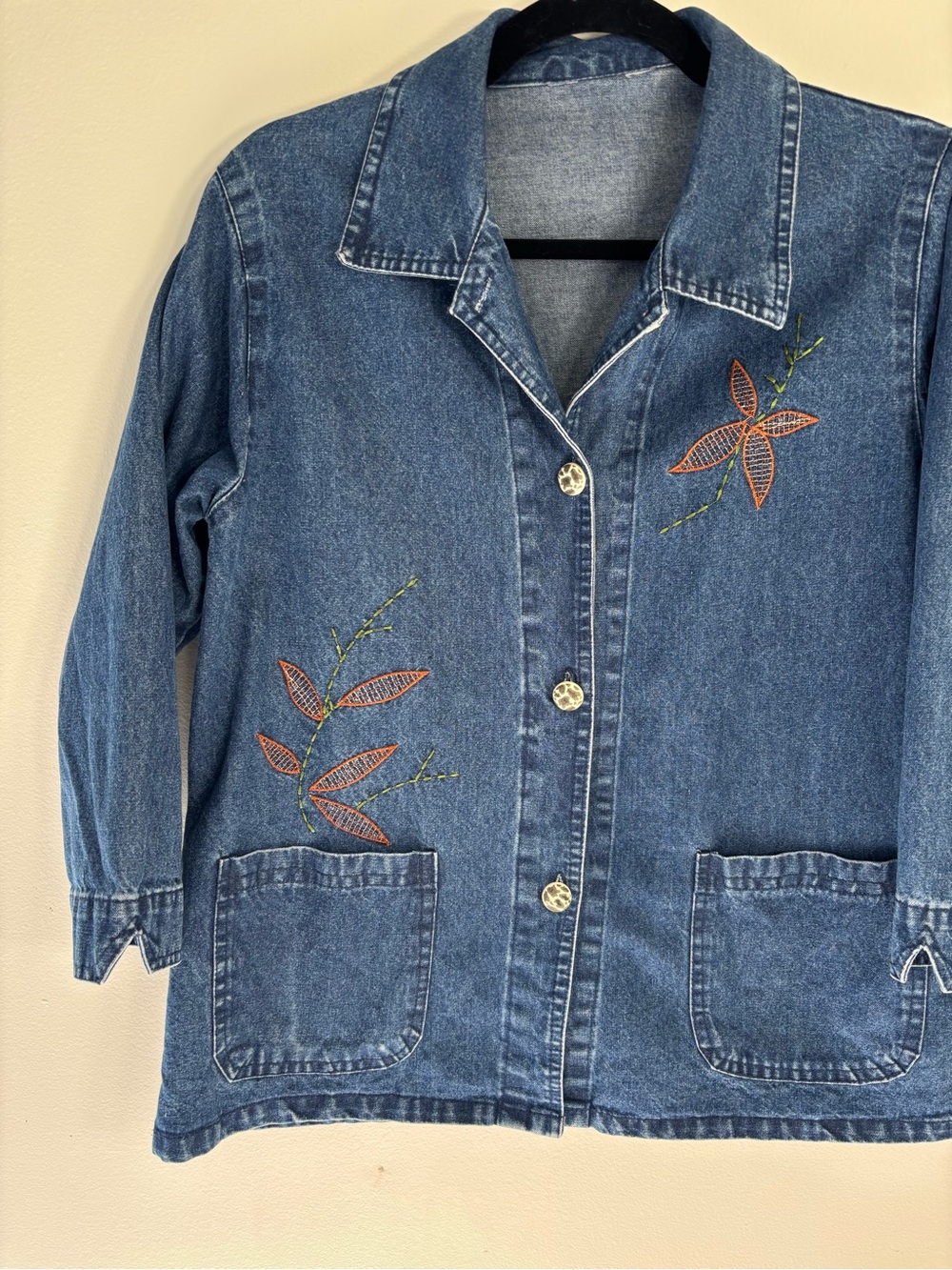 Women's Denim Jacket with Embroidered Floral Detail and Cow Print Buttons - Blue